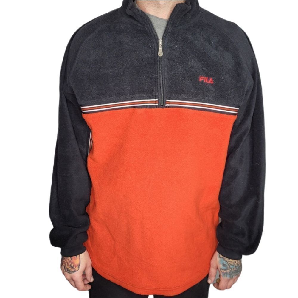 VINTAGE 90s fleece FILA black and‎ red color block quarter zip jacket unisex XL